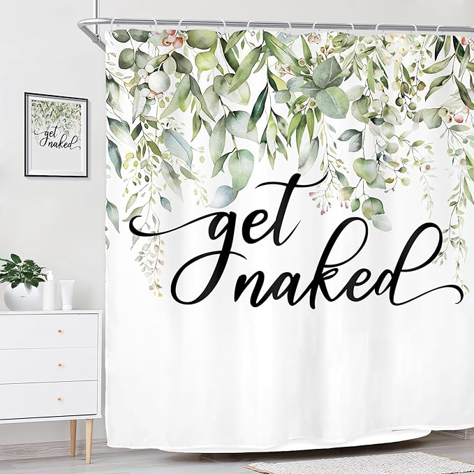 Riyidecor Sage Green Eucalyptus Leaves Shower Curtain for Bathroom Decor 72Wx72H Get Naked Bible Verse Spring Watercolor Floral Botanical Art Printed Fabric Polyester Waterproof 12 Pack Metal Hooks