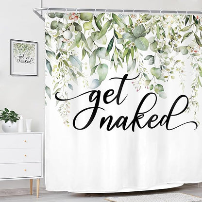 Riyidecor Sage Green Eucalyptus Leaves Shower Curtain for Bathroom Decor 72Wx72H Get Naked Bible Verse Spring Watercolor Floral Botanical Art Printed Fabric Polyester Waterproof 12 Pack Metal Hooks