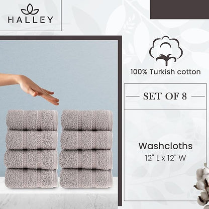 HALLEY Turkish 8 Pack Premium Washcloths (8 Pieces) 650 GSM Highly Absorbent Super Soft 100% Cotton - 8 Washcloths (Gray)