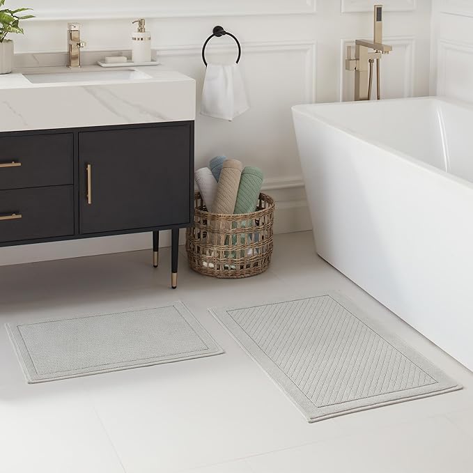 Arkwright 100% Cotton Bathroom Rug - High Absorbent Stylish Textured Woven Design Bath Mat, Slip Resistant Backing for Shower and Bathtub Floor, 20x32 in - Grey