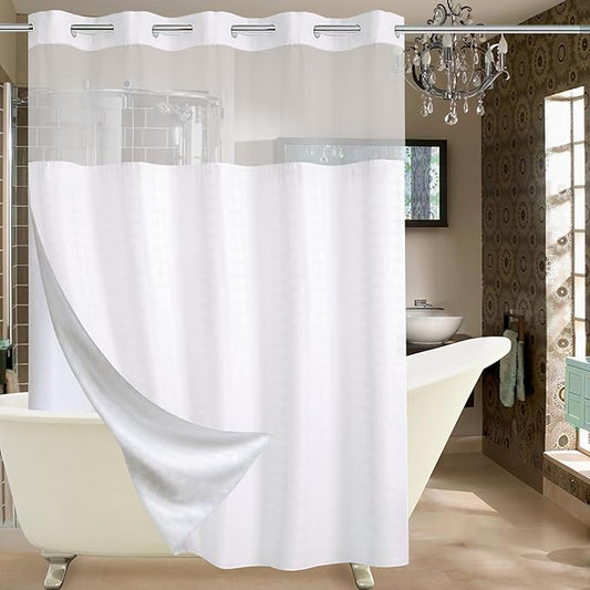 Conbo Mio Extra Long No Hook Shower Curtain with Snap in Liner Set, Hotel Luxury White Shower Curtains for Bathroom with See Through Top Window, Waterproof, Washable 71W x 84H