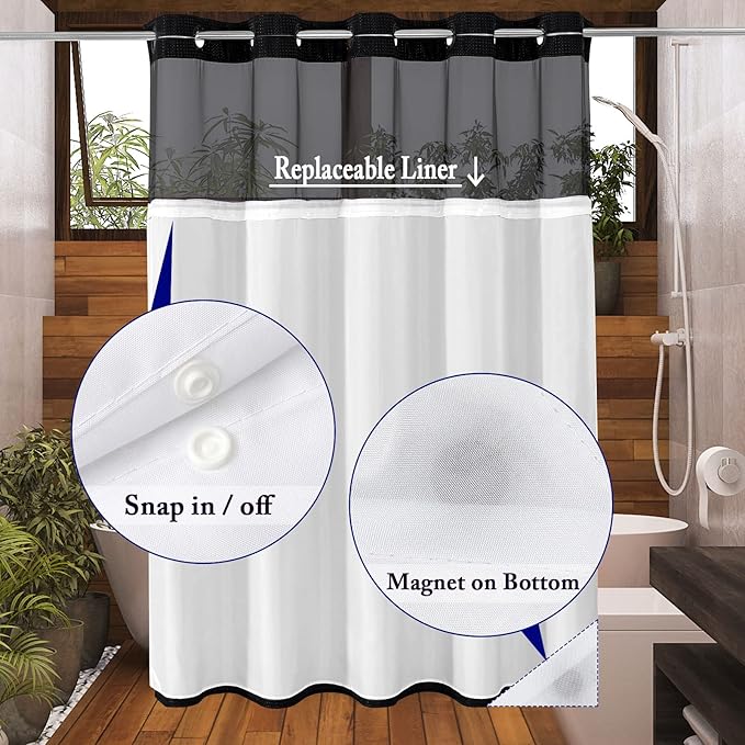 Gibelle Long Shower Curtain 72x80, Waffle Weave Bathroom Shower Curtain with Snap-in Fabric Liner Set, No Hooks Needed, Hotel Style with Mesh Top Window, Black
