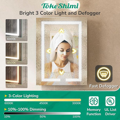 TokeShimi 24x32 Anti-Fog Led Medicine Cabinet Mirrored for Bathroom Surface or Recessed, Medicine Cabinet Mirror with Lights 3 Color Dimmable and Sockets, 2-Side Mirror with Storage UL-Listed Driver