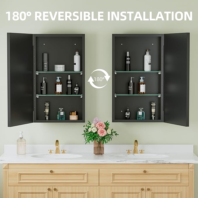 Buruis 14"x 24" Framed Medicine Cabinet with Mirror, Recessed or Wall Mounted Bathroom Cabinet, Adjustable Tempered Glass Shelves, Left/Right Open Reversible, No Assembly Required, Black
