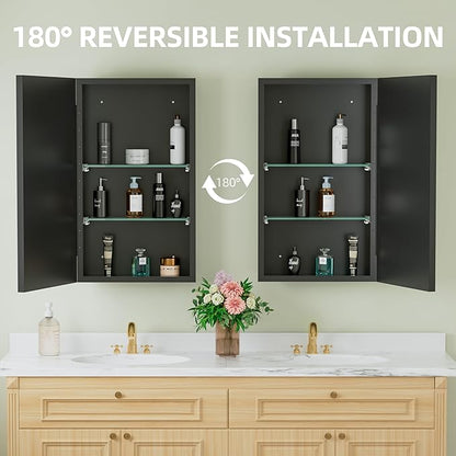 Buruis 14"x 24" Framed Medicine Cabinet with Mirror, Recessed or Wall Mounted Bathroom Cabinet, Adjustable Tempered Glass Shelves, Left/Right Open Reversible, No Assembly Required, Black