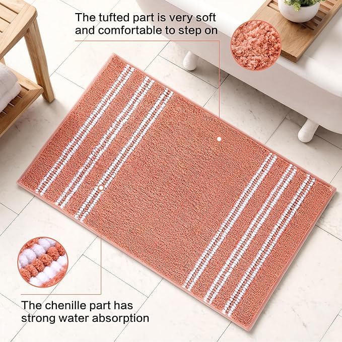 Kmson Bathroom Rugs Mat, 36"x24" Ultra Soft Washable Shaggy Chenille Bath Rugs, Non-Slip Fluffy Thick Water Absorbent Microfiber Mat for Bathtub, Sink and Shower, Pink
