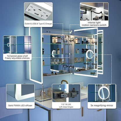 WELLFOR 48" X 30" LED Medicine Cabinet with Mirror, 3X Magnifiying Mirror Cabinet, Defogging/Dimmable Bathroom Mirrored Cabinet, Lighted Medicine Cabinet with Outlets & USB Ports, Three Doors