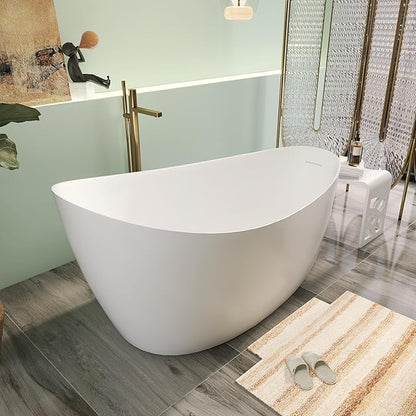 Premium Unique 65" Solid Surface Freestanding Tub, Upgraded Matte White Stone Resin Bathtub with Overflow and Pop-up Drain