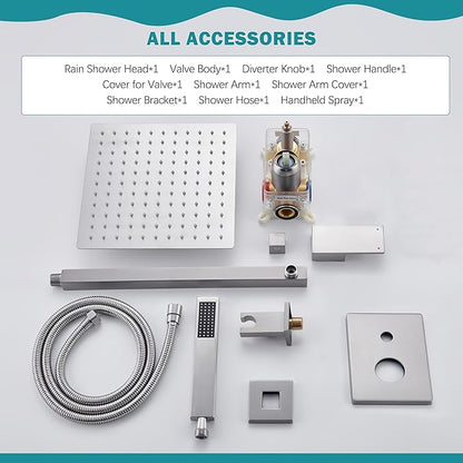 Shower System, Brushed Nickel Shower Faucet Set with 12-Inch Rain Showerhead and Handheld Spray, Wall Mounted High-Pressure Showerhead Combo Set Included Valve and Trim, Brushed Nickel