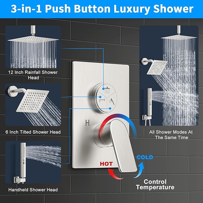 Shower Faucet Set,3-Setting Push Button Brushed Nickel Shower System, 12 Inch Ceiling Mounted Shower Head, 6 Inch Wall Mounted Rain Shower Head with 2 in 1 Handheld Spray, Shower Valve Trim Kit