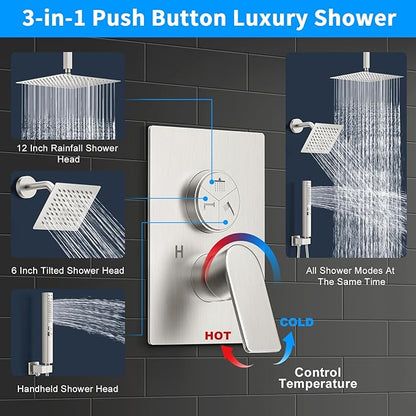 Shower Faucet Set,3-Setting Push Button Brushed Nickel Shower System, 12 Inch Ceiling Mounted Shower Head, 6 Inch Wall Mounted Rain Shower Head with 2 in 1 Handheld Spray, Shower Valve Trim Kit