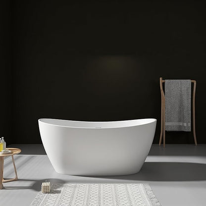 SJ STAR&JANE 55" Solid Surface Freestanding Bathtub Stone Resin Tub Oval Double Slippers Stand Alone Soaking Tub with Pop-up Drain and Overflow, Matte White