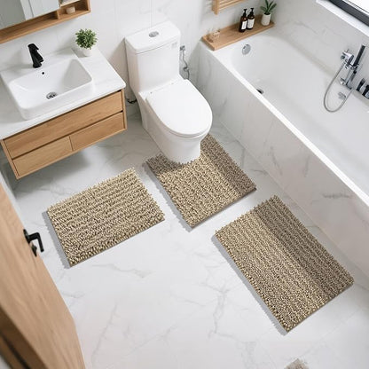 Yimobra Bathroom Rugs Sets 2 Piece - Quick Dry Extra Thick Luxury Chenille Bath Mat, Non Slip Super Absorbent for Tub Shower Sink, Machine Washable Shaggy Floor Mat, 32"x20"+24"x17" Inch, Pale Khaki