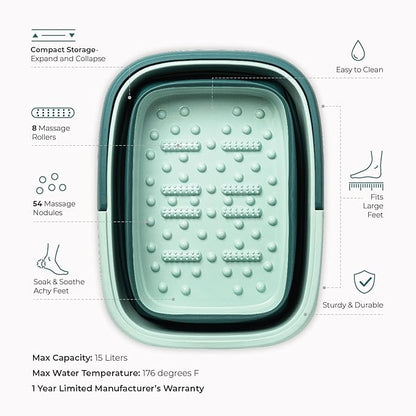 Mantello Collapsible Foot Bath Foot Soaking Tub | Portable Foot Spa Pedicure Bowl | Large Basin to Soak & Wash Feet | Folding Bucket with Carry Handle | White & Grey, Blue, Green [Green]