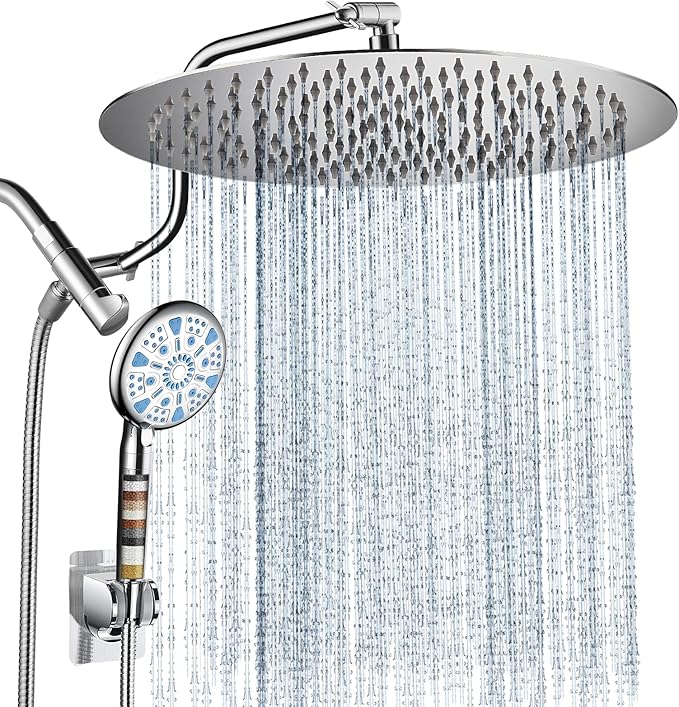 Cobbe 12 Inch All Metal Rain Shower Head, Dual Shower Heads with Handheld Spray Combo - Upgrade Extension Arm Height Adjustable - 9 Spray Filtered Shower Head, Chrome
