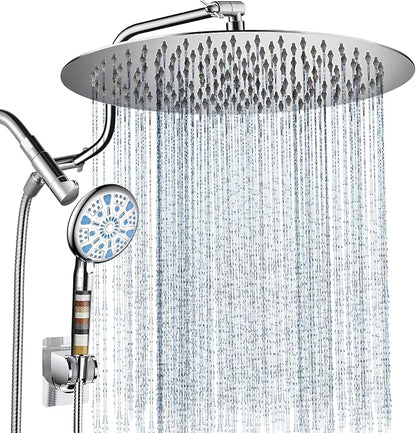 Cobbe 12 Inch All Metal Rain Shower Head, Dual Shower Heads with Handheld Spray Combo - Upgrade Extension Arm Height Adjustable - 9 Spray Filtered Shower Head, Chrome