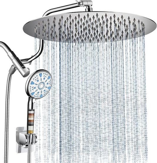 Cobbe 12 Inch All Metal Rain Shower Head, Dual Shower Heads with Handheld Spray Combo - Upgrade Extension Arm Height Adjustable - 9 Spray Filtered Shower Head, Chrome