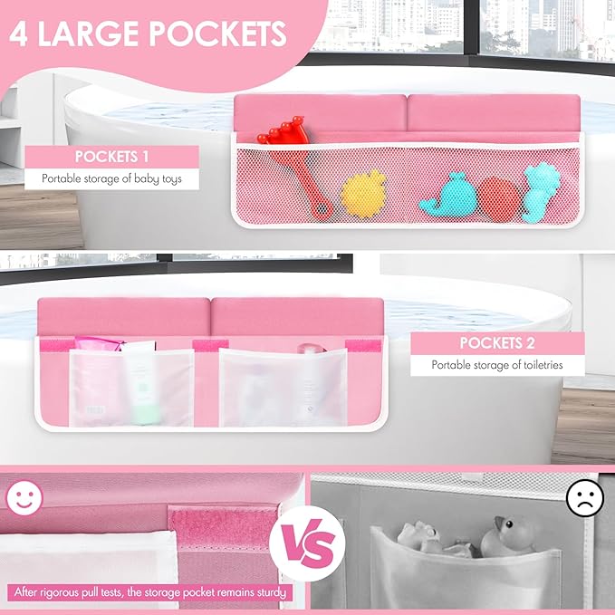 Bath Kneeler and Elbow Rest Pad Set - 2 inch Comfortable Thick Baby Bath Kneeler Pads, with Toy Organizer Pockets - Quick Drying, Foldable, Non-Slip for Baby and Toddler Bathing (Pink)