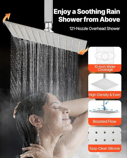 VEVOR Shower Faucet Set, 10 Inch Ceiling Mount Rainfall Shower System with 6 Body Jets and 2 in 1 Handheld Spray, Rotatable 3-Function Rain Head System Set, Complete Brass Valve and Trim Kit, Chrome