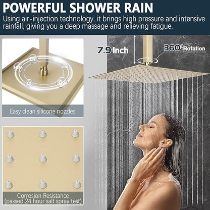 Shower Faucet Set Rainfall Shower System Push Button Diverter Shower Faucet with 4 in 1 Handheld, Ceiling Mount 12 Inch Shower Head and 6 Inch Wall Mount Shower Head