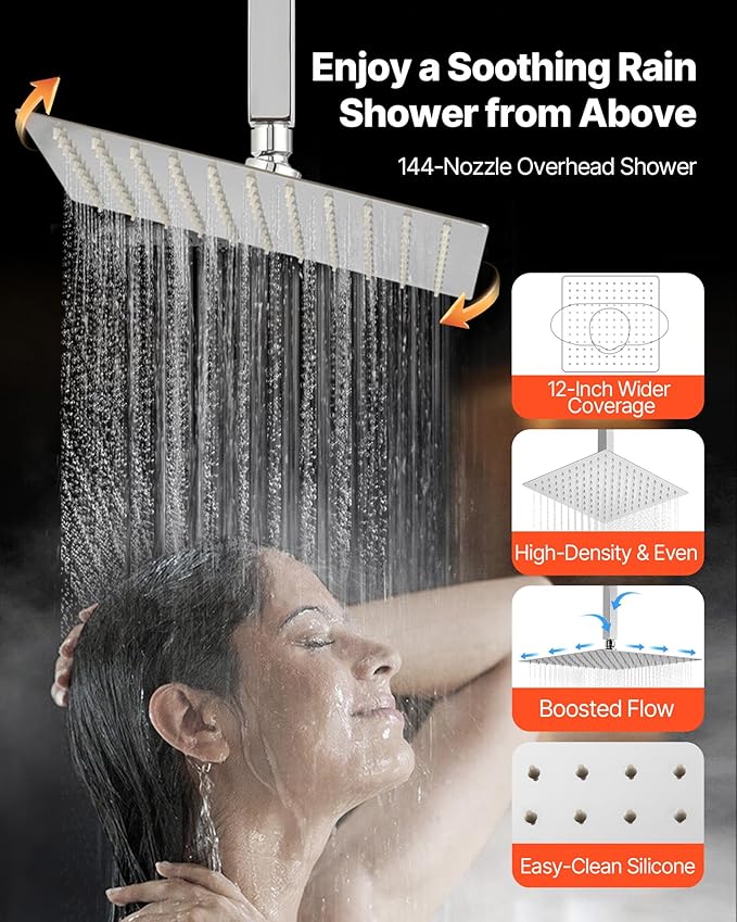VEVOR Shower Faucet Set, 12 Inch Thermostatic Ceiling Mount Rainfall Shower System with 6 Inch Wall Mount Head and 2 in 1 Handheld Spray, 3-Function Dual Rain Head Brass Valve and Trim Kit, Chrome
