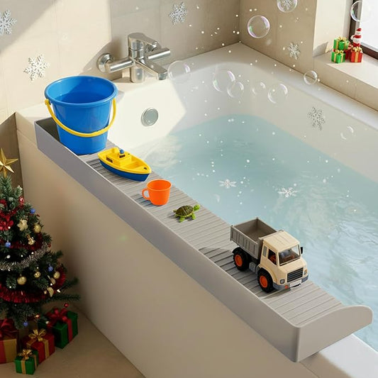 Roslim Bathtub Splash Guard for Kids - Silicone Bath Splash Guard Shelf, Large Bath Toy Tray Holder, Tub Water Splash Guard with Strong Suction Cups, Bathroom Accessories for Baby Bath, Taupe