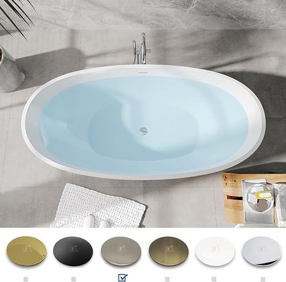 FerdY Koh Samui 65" Freestanding Bathtub, Elegant Oval Shape, Double Walled Insulation Bathtub with Center Brushed Nickel Drain & Minimalist Linear Design Overflow