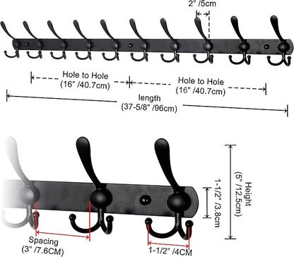Dseap Coat Rack Wall Mount - 38” Long 10-Tri-Hooks Heavy Duty Coat Hanger Rail Wall Hooks for Hanging Coats Hats Clothing Clothes Purse Mudroom Entryway, Black