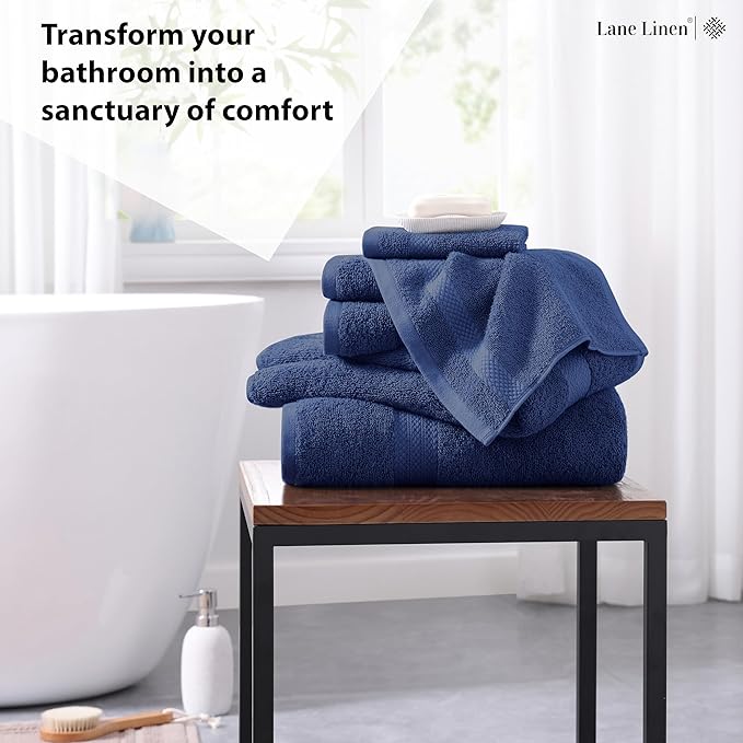 LANE LINEN 100% Cotton Bathroom Towel Set - 6 Pieces - Ring Spun, Super Soft & Highly Absorbent - 2 Bath, 2 Washcloths, 2 Hand Towels for Bathroom - Minimal Lint & Fading, Pre Shrunk - Navy Blue