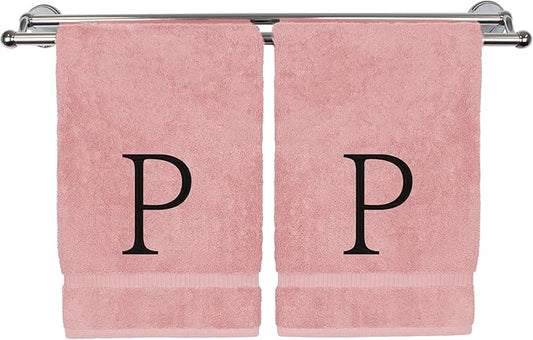 Monogrammed Hand Towel, Personalized Initial Gift, Extra Absorbent 100% Turkish Cotton - Soft Terry Finish - Set of 2 - Black Block Initial P - Embroidered on Pink Towels