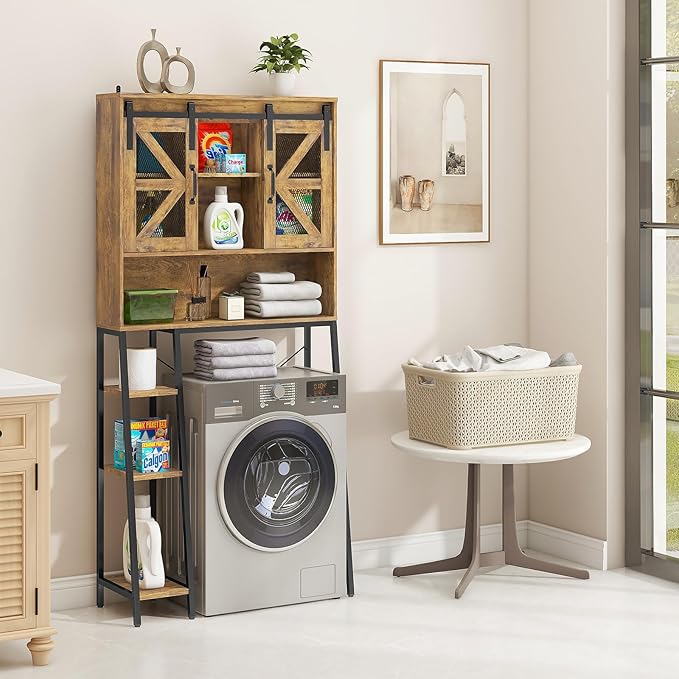 Vabches Over The Toilet Storage Cabinet, Farmhouse Storage Cabinet Over Toilet with Sliding Barn Door，Home Space-Saving Toilet Rack, for Bathroom, Restroom, Laundry，Brown