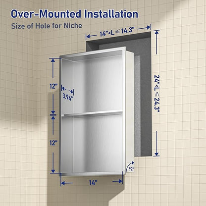 Stainless Steel Shower Niche 14"×24" Brushed No Tiled Needed Niche Shower for Bathroom Wall Recessed Shower Shelf for Storage