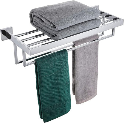 KOKOSIRI Bathroom Towel Shelf 20-Inch Chrome Towel Rack with Two Bath Towel Bars SUS304 Stainless Steel Wall Mounted, Polished Finish B6003CH-L20