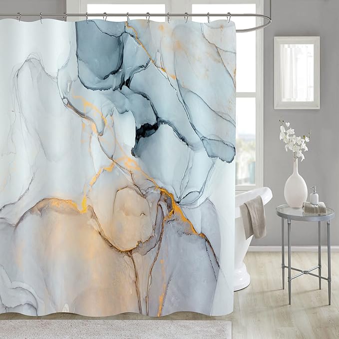 Gibelle Abstract Marble Shower Curtain, Blue Grey Fabric Shower Curtain for Bathroom, Modern Ink Art Decor Waterproof Shower Curtain Set with Hooks, 71x71