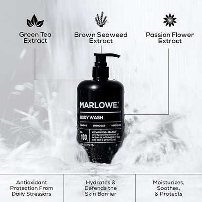 MARLOWE. No. 103 Body Wash 15 oz Pump, Cedarwood + Sea Salt, Energizing & Refreshing Shower Gel, Willow Bark & Green Tea Extracts, Cleanses, Moisturizes, Smooths & Nourishes, Fresh & Zesty Scent