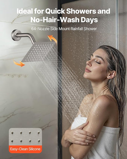 VEVOR Shower Faucet Set, 12 Inch Ceiling Mount Rainfall Shower System with 6 Inch Wall Mount Head and 4 in 1 Handheld Spray, Rotatable 3-Function Dual Rain Head Brass Valve & Trim Kit, Brushed Nickel
