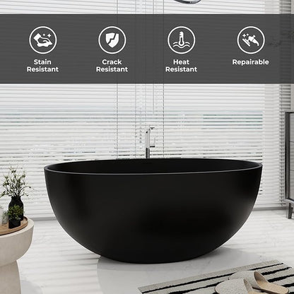SJ STAR&JANE 55" Solid Surface Freestanding Bathtub, Stone Resin Oval Soaking Tub Matte Black Stand Alone Tub with Overflow and Pop-up Drain for Bathroom