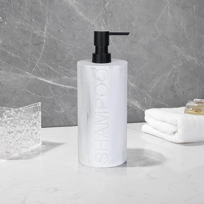 Resin White Marbled Shampoo Engraved Bottle Refillable Pump Dispenser, Durable Waterproof Construction for Bath, Shower - Resin White Marble - Matte Black Pump