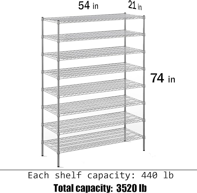 21" Deep x 54" Wide x 74" Height Wire Shelving Kit | 8-Tier | NSF Commercial Storage Rack Unit