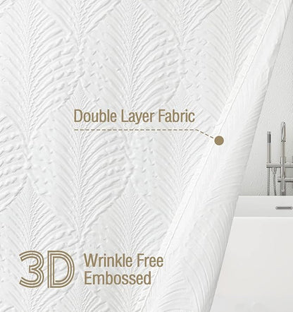 Gibelle White Shower Curtain for Bathroom, 3D Embossed Textured Fabric Curtain, Modern Farmhouse Chic Soft Cloth Set with Hooks, 72x72