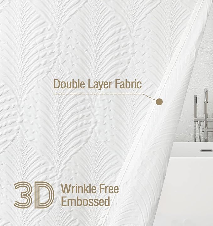 Gibelle Small Stall Shower Curtain, Narrow Half 3D Embossed Textured White Fabric Shower Curtain, Modern Farmhouse Chic Soft Cloth Bathroom Curtains Shower Set with Hooks (White, 36" W x 72" L)