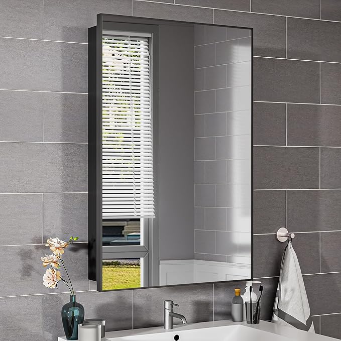 Black Modern Bathroom Medicine Cabinet,17x30 Inch Wall Mounted Surface Mount with 3 Adjustable Shelves,Tempered Glass,Rectangular