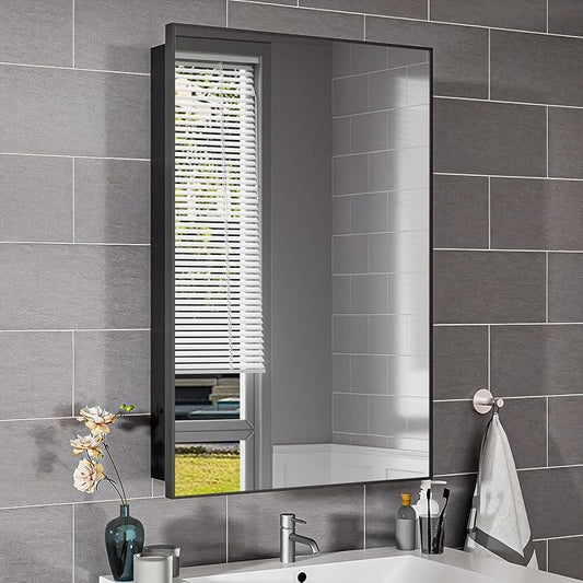 Black Modern Bathroom Medicine Cabinet,17x30 Inch Wall Mounted Surface Mount with 3 Adjustable Shelves,Tempered Glass,Rectangular