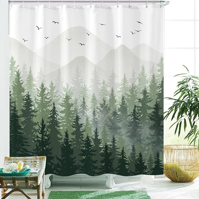 Aipon Green Misty Forest Shower Curtain Ombre Nature Tree Plants Shower Curtains Fabric Waterproof Mountain Shower Curtain Sets for Bathroom Bath Decor with 12 Hooks (Green, 72'' × 72'')