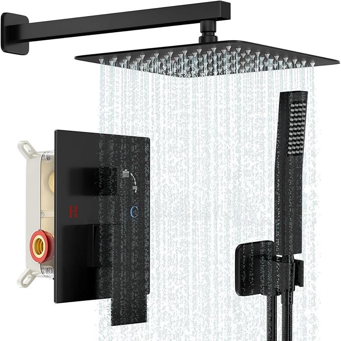 Black Shower Faucet Set, Rainfall Shower System with Square Shower Head and Handle Set, Wall Mounted Shower Fixtures, Shower Valve and Trim Kit 12 inch Matte Black