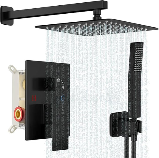 Black Shower Faucet Set, Rainfall Shower System with Square Shower Head and Handle Set, Wall Mounted Shower Fixtures, Shower Valve and Trim Kit 12 inch Matte Black