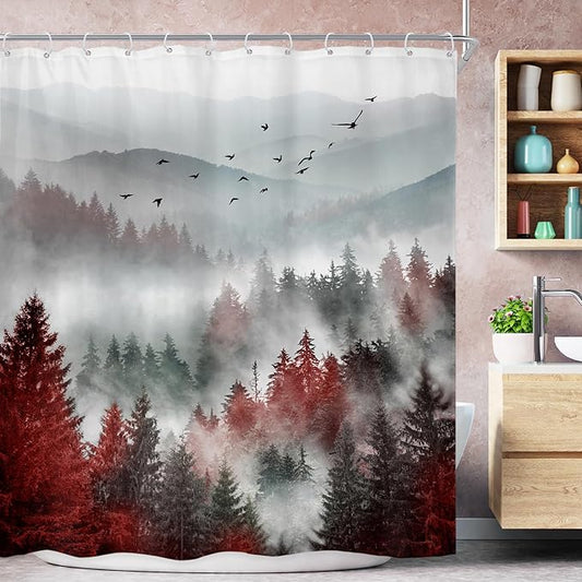 Riyidecor Red Black Mountain Shower Curtain 72Wx72H Inch Nature Scenery Foggy Pine Tree Scenic Woodland Cool Landscape Foggy Natural Mens Bathroom Decor Fabric Polyester Waterproof 12 Pack Hooks