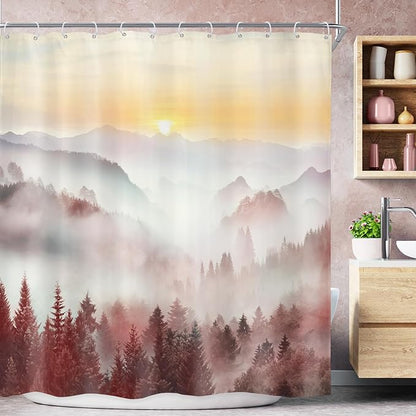 Riyidecor Misty Mountain Shower Curtain 72Wx72H Inch Red Sunrise Nature Scenery Foggy Pine Tree Scenic Forest Woodland Modern Natural Landscape Bathroom Decor Fabric Polyester Waterproof 12 Pack Hooks