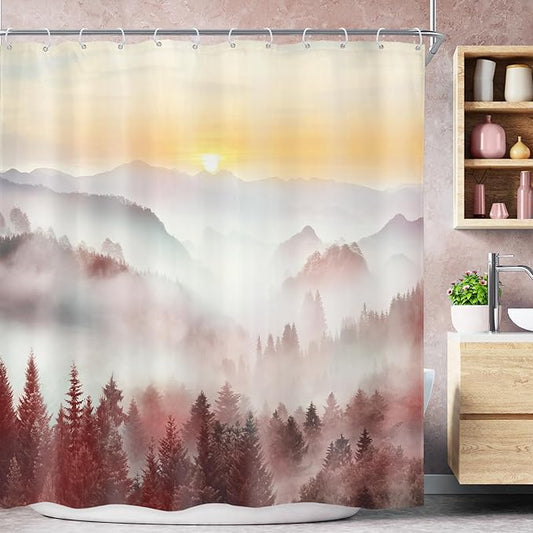 Riyidecor Misty Mountain Shower Curtain 72Wx72H Inch Red Sunrise Nature Scenery Foggy Pine Tree Scenic Forest Woodland Modern Natural Landscape Bathroom Decor Fabric Polyester Waterproof 12 Pack Hooks