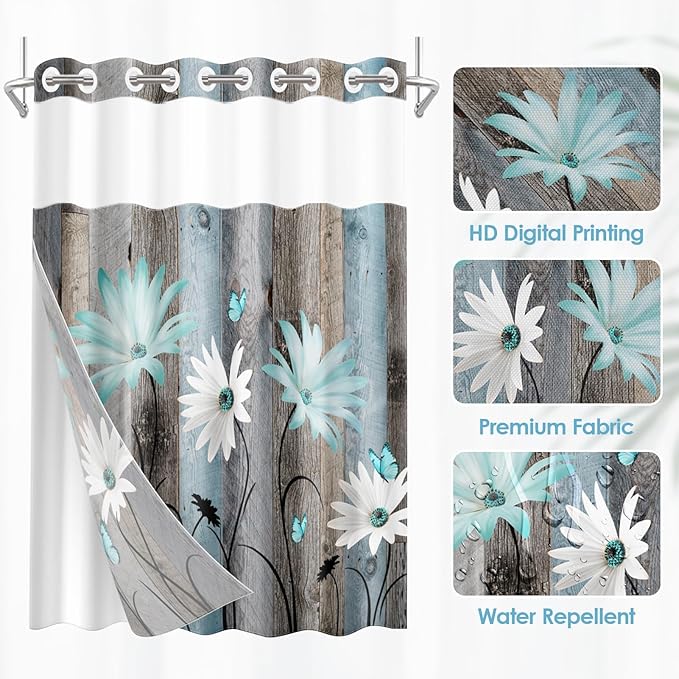 No Hook Rustic Farmhouse Shower Curtain with Snap in Fabric Liner Set, Teal Daisy Flowers and Butterfly on Wooden Double Layers Waterproof with See Through Top Bath Curtain 71x86 Inch